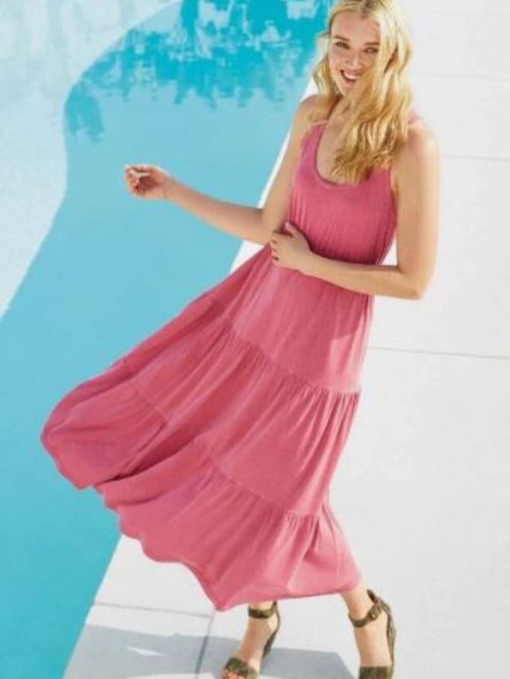 Anthro Sundry Pink Tiered Sleeveless Racerback Maxi Dress, Size 2